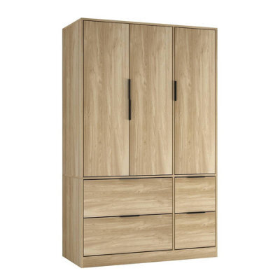 Urbn-Living Urbnliving 3 Door Wardrobe With 4 Drawers Wooden Bedroom Storage Cupboard With Hanging Rail For Clothes - Oak Unit & Oak Doors & - image 1