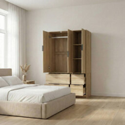 Urbn-Living Urbnliving 3 Door Wardrobe With 4 Drawers Wooden Bedroom Storage Cupboard With Hanging Rail For Clothes - Oak Unit & Oak Doors & - thumbnail 4