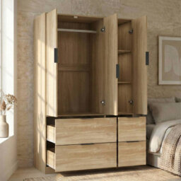 Urbn-Living Urbnliving 3 Door Wardrobe With 4 Drawers Wooden Bedroom Storage Cupboard With Hanging Rail For Clothes - Oak Unit & Oak Doors & - thumbnail 7