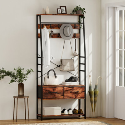 Homcom Coat Rack With Shoe Storage, Bench And 10 Hooks, Rustic Brown - image 1