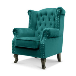 Velvet Wingback Fireside Chair Armchair With Buttons Teal Turquoise - thumbnail 3