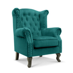 Velvet Wingback Fireside Chair Armchair With Buttons Teal Turquoise - thumbnail 2