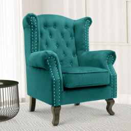 Velvet Wingback Fireside Chair Armchair With Buttons Teal Turquoise - thumbnail 1