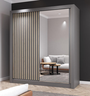 Fhi Kingston 180Cm Grey Sliding Door Wardrobe Modern Bedroom Storage With Full Length Mirror Shelves And Hanging Rails - image 1