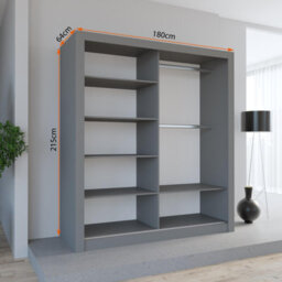 Fhi Kingston 180Cm Grey Sliding Door Wardrobe Modern Bedroom Storage With Full Length Mirror Shelves And Hanging Rails - thumbnail 2