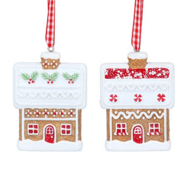 Gisela Graham Christmas Gingerbread House Hanging Decorations - Set Of 2, 7.5 X 5 Cm, Gloss Finish, Gingham Twine Hangers