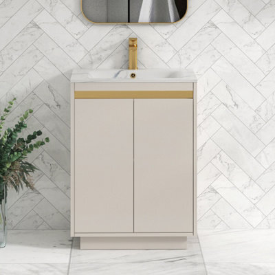 Royal Bathrooms Orion 600mm Warm Taupe 2 Door Floor Standing Vanity Unit With Carrara White Basin & Brushed Brass Accent Trim - image 1