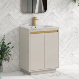 Royal Bathrooms Orion 600mm Warm Taupe 2 Door Floor Standing Vanity Unit With Carrara White Basin & Brushed Brass Accent Trim - thumbnail 6