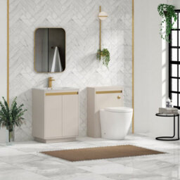 Royal Bathrooms Orion 600mm Warm Taupe 2 Door Floor Standing Vanity Unit With Carrara White Basin & Brushed Brass Accent Trim - thumbnail 3