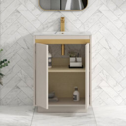 Royal Bathrooms Orion 600mm Warm Taupe 2 Door Floor Standing Vanity Unit With Carrara White Basin & Brushed Brass Accent Trim - thumbnail 4