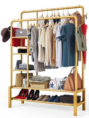 Klass Home Collection Heavy Duty Clothes Rail, 120 Kg Gold Metal Rack With Double Hanging Clothing Shoe Storage Shelves & 4 Coat