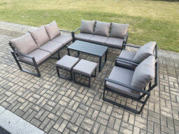 Fimous Aluminium Outdoor Garden Furniture Lounge Sofa 2 Pc Chairs Oblong Coffee Table Sets With 2 Small Footstool Dark Grey - thumbnail 2