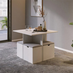 White  Wooden Dining Table & Chairs Set Space Saving - thumbnail 3