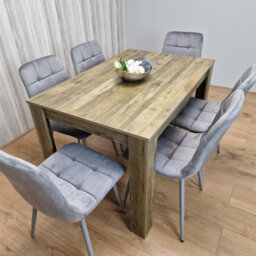 Kosy Koala Dining Table And 6 Chairs - Rustic Effect Dining Table With 6 Grey Velvet Chairs Dining Furniture