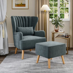 Living And Home Grey Faux Wool Upholstered Wing Back Occasional Armchair Sofa Chair With Footstool - thumbnail 1