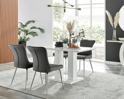 Furniturebox Uk 4 Seater Dining Set - Imperia White High Gloss Dining Table And Chairs - 4 Dark Grey Nora Silver Leg Chairs - image 1