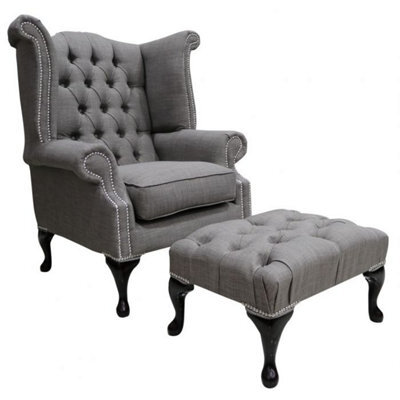 Chesterfield High Back Wing Chair + Footstool Charles Slate Linen Fabric In Queen Anne Style - image 1