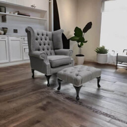 Chesterfield High Back Wing Chair + Footstool Charles Slate Linen Fabric In Queen Anne Style - thumbnail 3