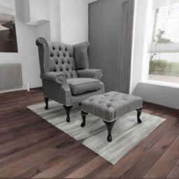 Chesterfield High Back Wing Chair + Footstool Charles Slate Linen Fabric In Queen Anne Style - thumbnail 2
