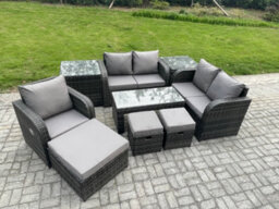 Fimous 8 Seater Rattan Outdoor Garden Furniture Sofa Set Patio Table & Chairs Set With 2 Side Tables 3 Footstools - thumbnail 1