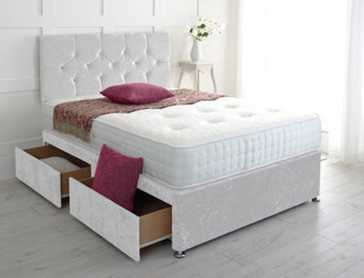 Adore Designs Diamond Cut Crushed Velvet Divan Bed, With Pocket Mattress - 6Ft Super King - White - 0 Drawers - image 1