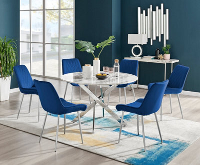 Furniturebox Novara White Marble Effect 120Cm Round Dining Table With Chrome Starburst Legs & 6 Navy Velvet Pesaro Chairs - image 1