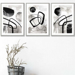 Artze Wall Art Set Of 3 Abstract Black Grey Watercolour Shapes Wall Art Prints / 42X59Cm (A2) / Light Grey Frame