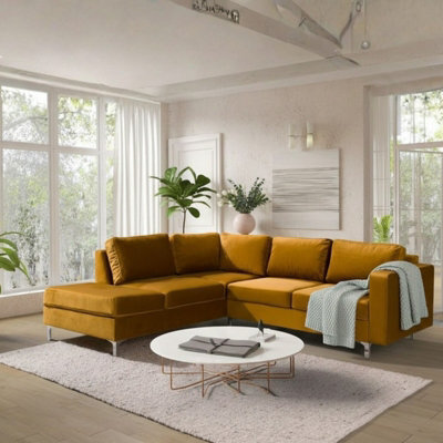 Orlando Velvet Living Room Corner Sofa Metal Legs Freestanding Upholstered Back 2355Cm 212Cm 85Cm Mustard Left - image 1