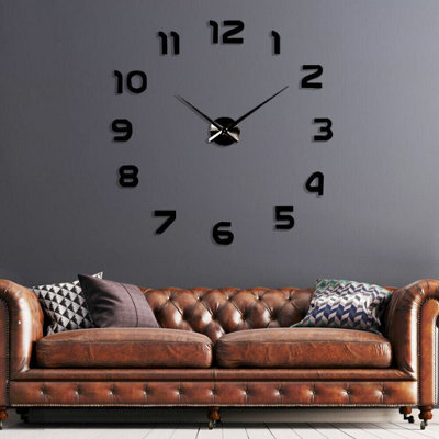 Black Frameless 3D Giant Wall Clock Stick-On Wall Clock For Modern Decor English Numbers - image 1
