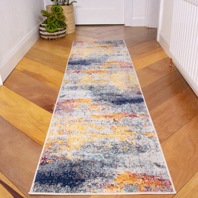Loomed Navy Blue Ochre Multicolour Distressed Abstract Runner Rug 60X240Cm - image 1