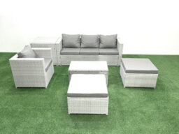 Fimous 6 Pieces Rattan Garden Furniture Set Outdoor Garden Sofa Chair Coffee Table Set Side Table 2 Big Stool Light Grey - thumbnail 2