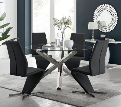 Furniturebox Uk Vogue Large Round Chrome Metal Clear Glass Dining Table And 4  Black Willow Dining Chairs Set - image 1