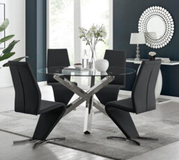Furniturebox Uk Vogue Large Round Chrome Metal Clear Glass Dining Table And 4  Black Willow Dining Chairs Set - thumbnail 1
