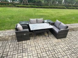 Fimous Lounge Rattan Sofa Set Outdoor Garden Furniture Oblong Rectangular Dining Table With 2 Side Tables Dark Grey Mixed - thumbnail 2