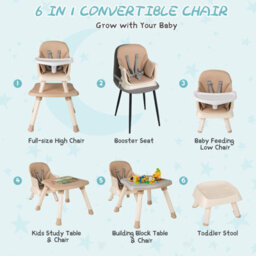 Costway 6-In-1 Baby High Chair Convertible Infant Feeding Chair-Khaki - thumbnail 4