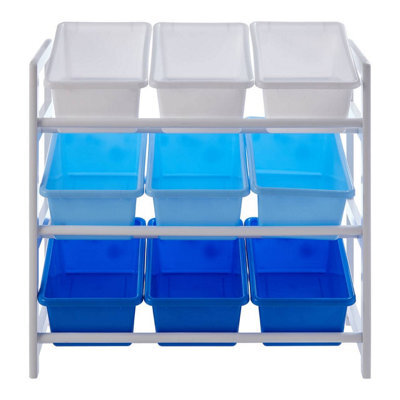 Orsina Sleek Three Tier White And Blue Storage Unit, Angled Buckets Storage Unit For Kids Room, Slim Storage Boxes - image 1