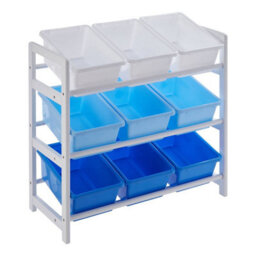 Orsina Sleek Three Tier White And Blue Storage Unit, Angled Buckets Storage Unit For Kids Room, Slim Storage Boxes - thumbnail 2