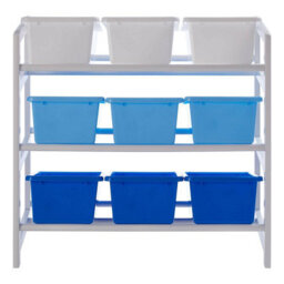 Orsina Sleek Three Tier White And Blue Storage Unit, Angled Buckets Storage Unit For Kids Room, Slim Storage Boxes - thumbnail 4