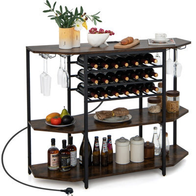 Costway Wine Bar Cabinet 3 Tier Industrial Wine Rack With Storage Shelves Glass Holder - image 1