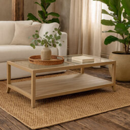Wyld Haus Portugal Oak And Cane Coffee Table With Glass Top