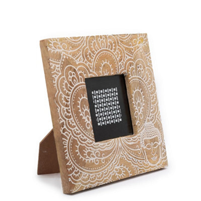 Serenityy Small Mango Wood Picture Frame 20X20X2 Cm For 10X10 Cm Photo - Buddha Design, White