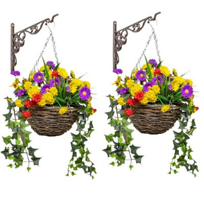 Primrose Pair Of Artificial Wildflower Flowers Rattan Hanging Basket Decoration Purple Yellow And Orange 25Cm - image 1