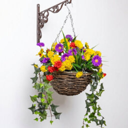 Primrose Pair Of Artificial Wildflower Flowers Rattan Hanging Basket Decoration Purple Yellow And Orange 25Cm - thumbnail 6