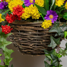 Primrose Pair Of Artificial Wildflower Flowers Rattan Hanging Basket Decoration Purple Yellow And Orange 25Cm - thumbnail 2