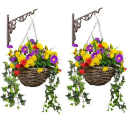 Primrose Pair Of Artificial Wildflower Flowers Rattan Hanging Basket Decoration Purple Yellow And Orange 25Cm