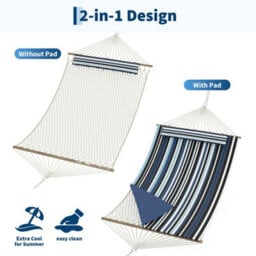 Hammock Bed 350Cm Wooden Spreader Bars Net Padded Mat Blue - thumbnail 7