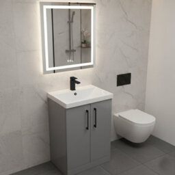 Balterley Bramshall Modern Bathroom 2 Soft Close Door & Mid-Edge Vanity Unit Basin, Satin Grey, 600mm - thumbnail 4