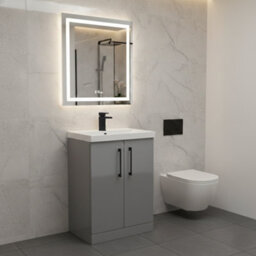 Balterley Bramshall Modern Bathroom 2 Soft Close Door & Mid-Edge Vanity Unit Basin, Satin Grey, 600mm - thumbnail 3