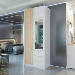 Bali Lux D2 Wardrobe With Mirror Decorative Slats Modern 2 Door Closet For Bedroom Or Hallway White With Oak Wotan With Extension - thumbnail 2