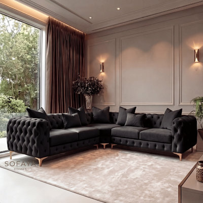 Sofaya Monaco 5 Seater Chesterfield Black Velvet Corner Chaise Sofa L Shaped - Deep Buttoned Upholstery Couch - image 1